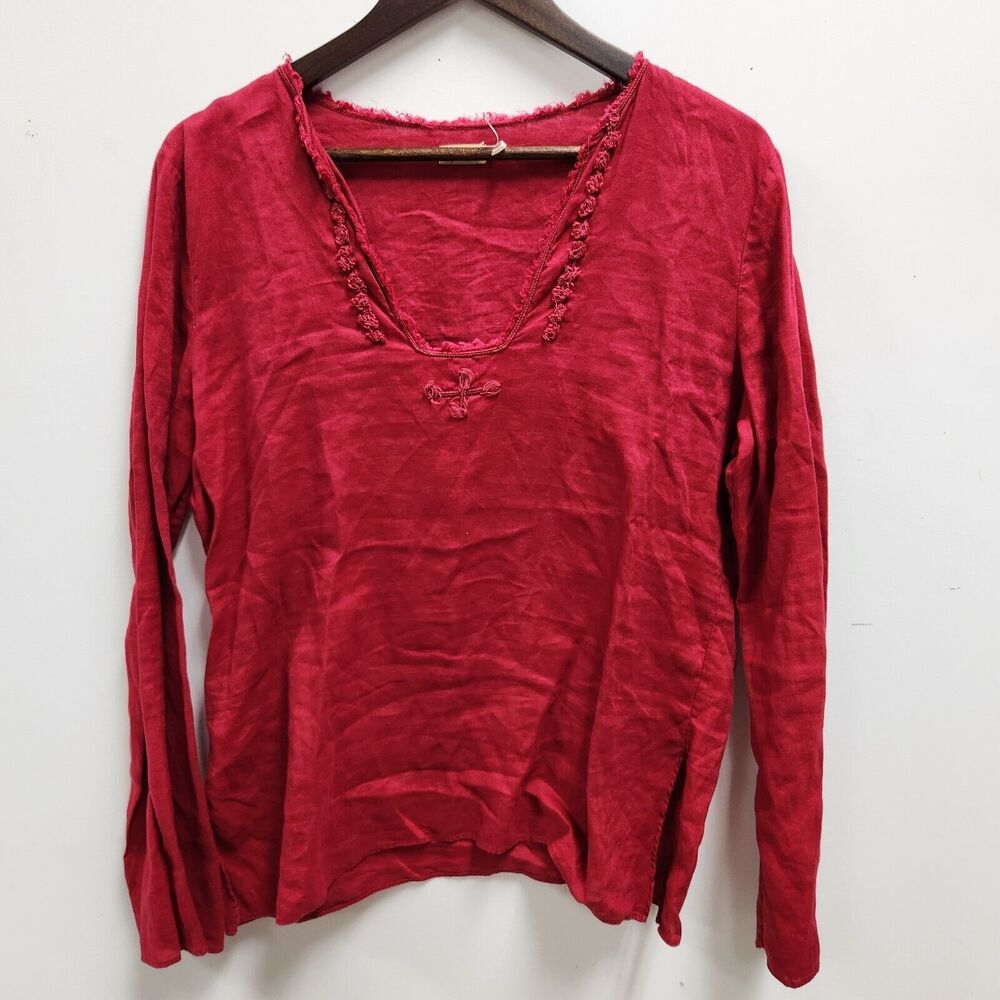 Max Studio Special Edition Long Sleeve Linen Top Size Large Red Distressed